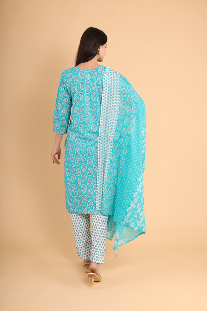 Turquoise Printed Kurti Set with Dupatta