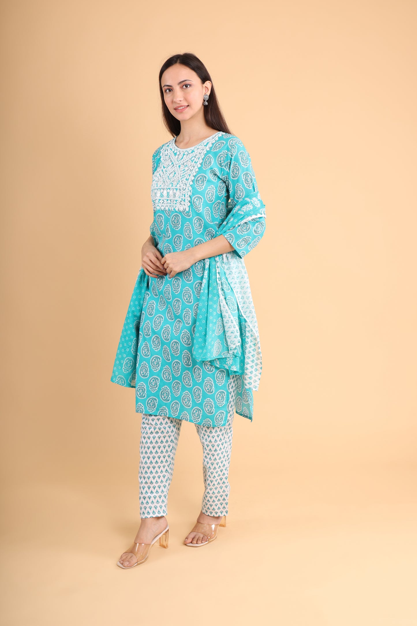 Turquoise Printed Kurti Set with Dupatta