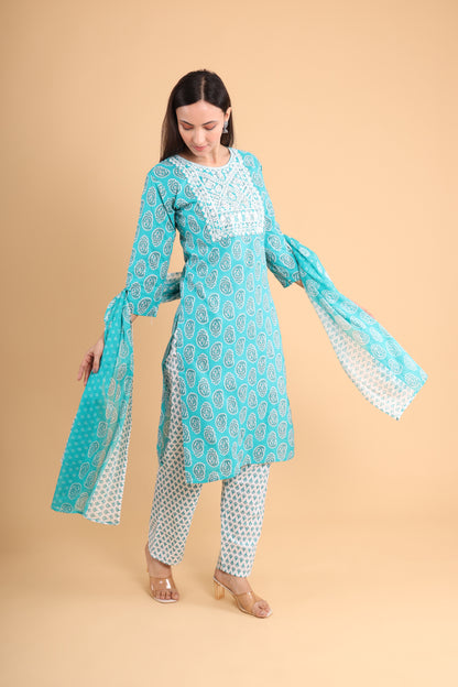 Turquoise Printed Kurti Set with Dupatta