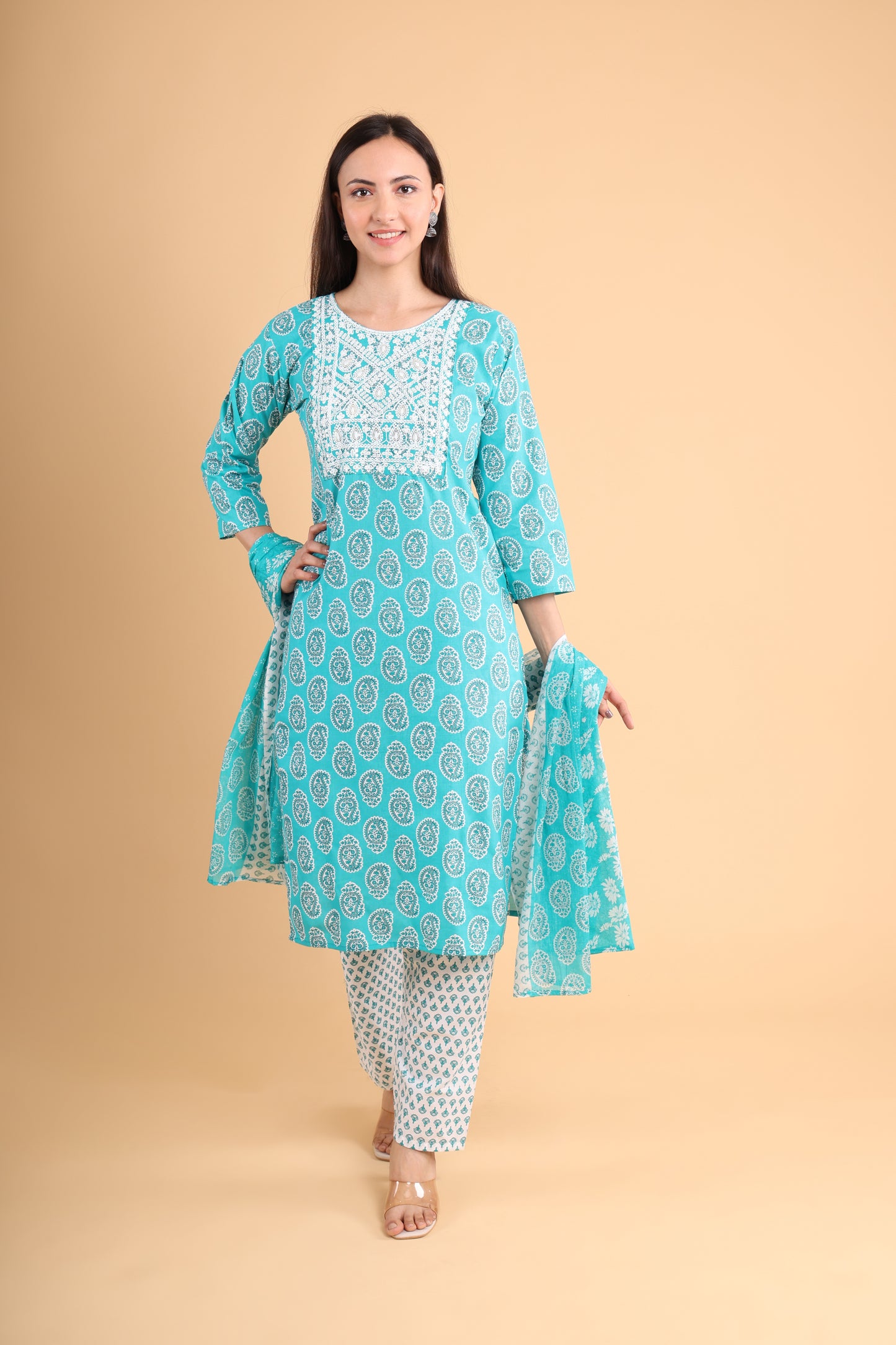 Turquoise Printed Kurti Set with Dupatta