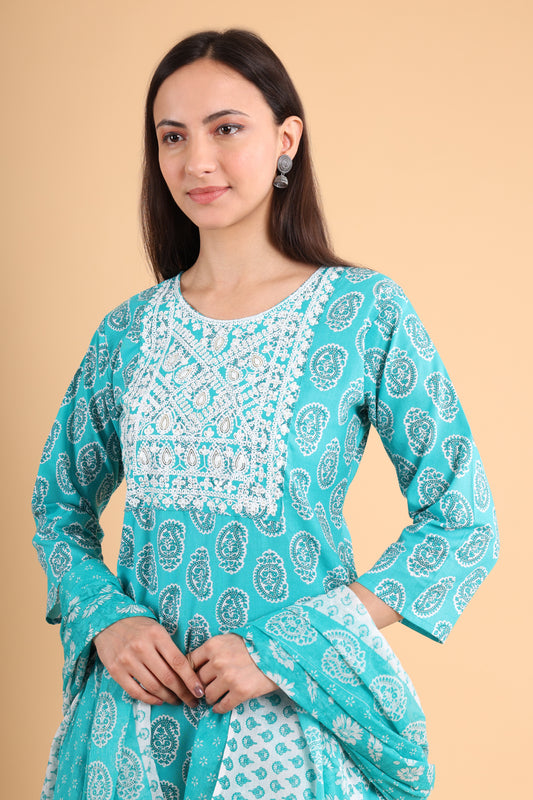 Turquoise Printed Kurti Set with Dupatta