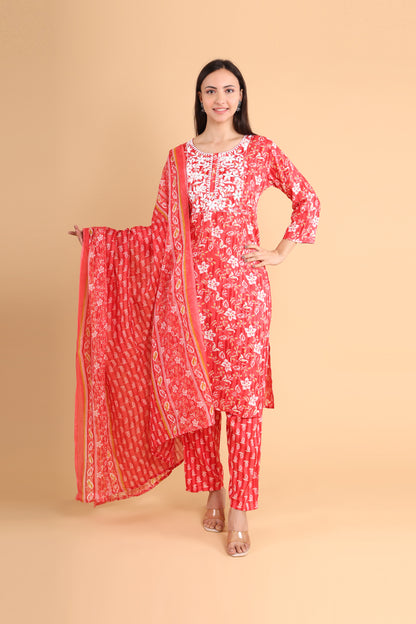 Red Floral Printed Kurti Set with Dupatta