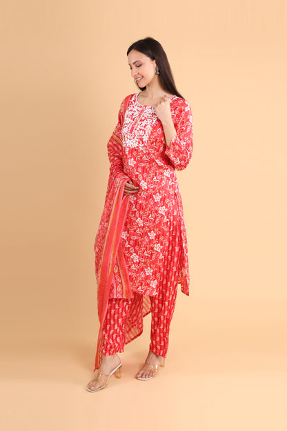 Red Floral Printed Kurti Set with Dupatta