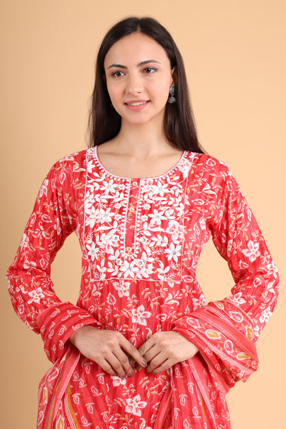 Red Floral Printed Kurti Set with Dupatta