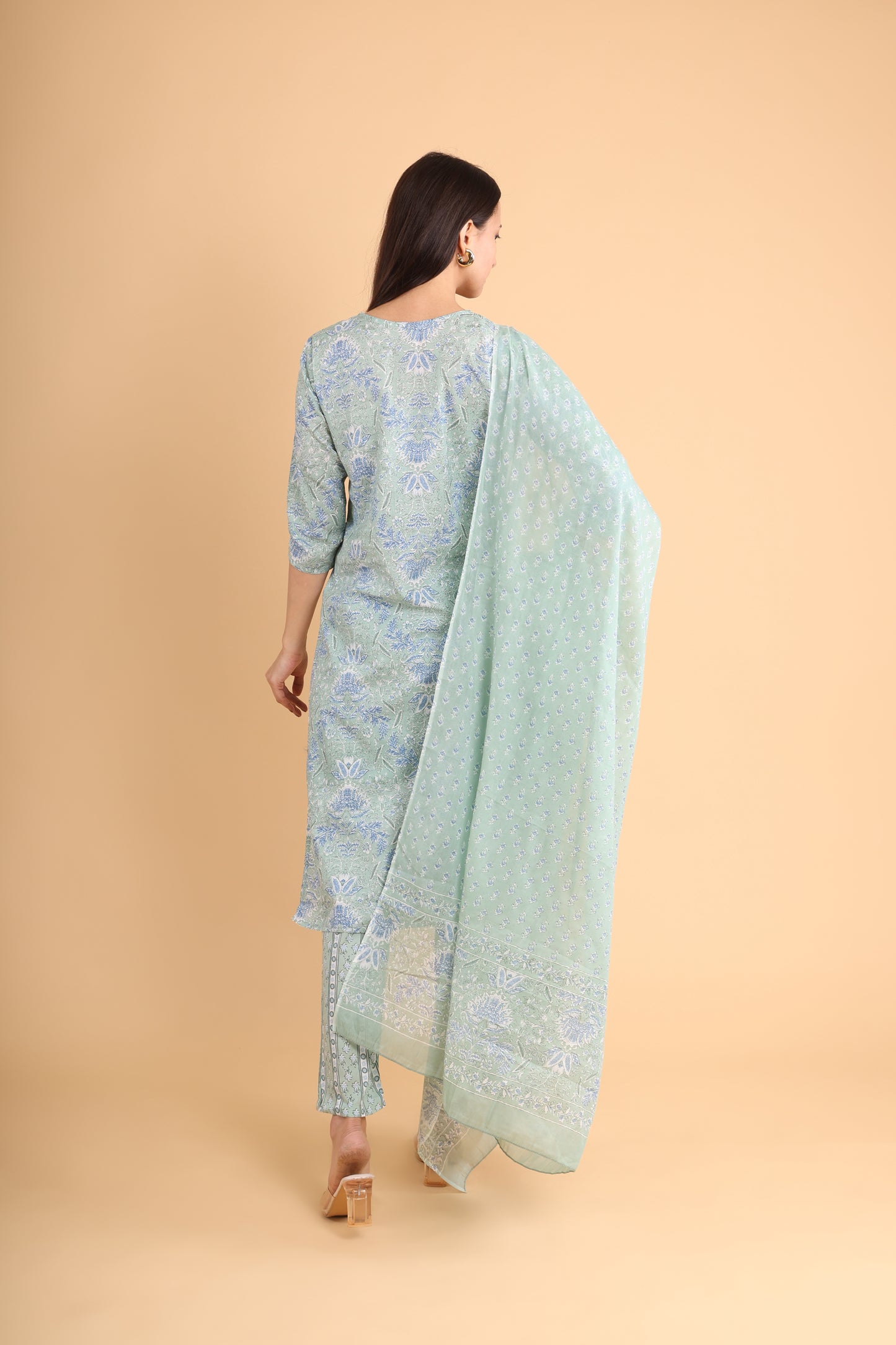 Serene Sage Floral Kurti Set with Dupatta