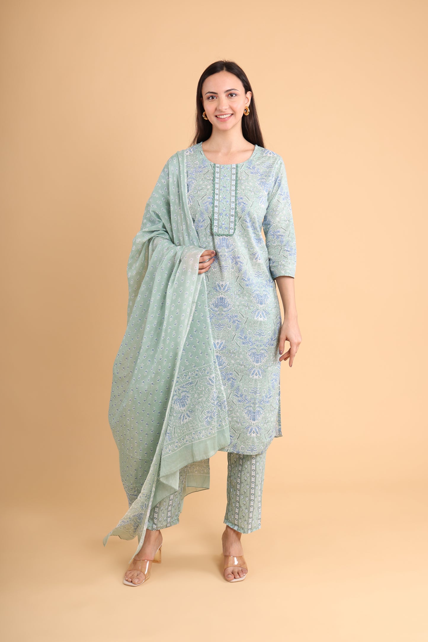 Serene Sage Floral Kurti Set with Dupatta