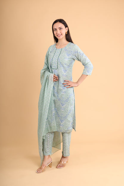 Serene Sage Floral Kurti Set with Dupatta