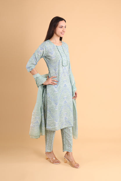 Serene Sage Floral Kurti Set with Dupatta