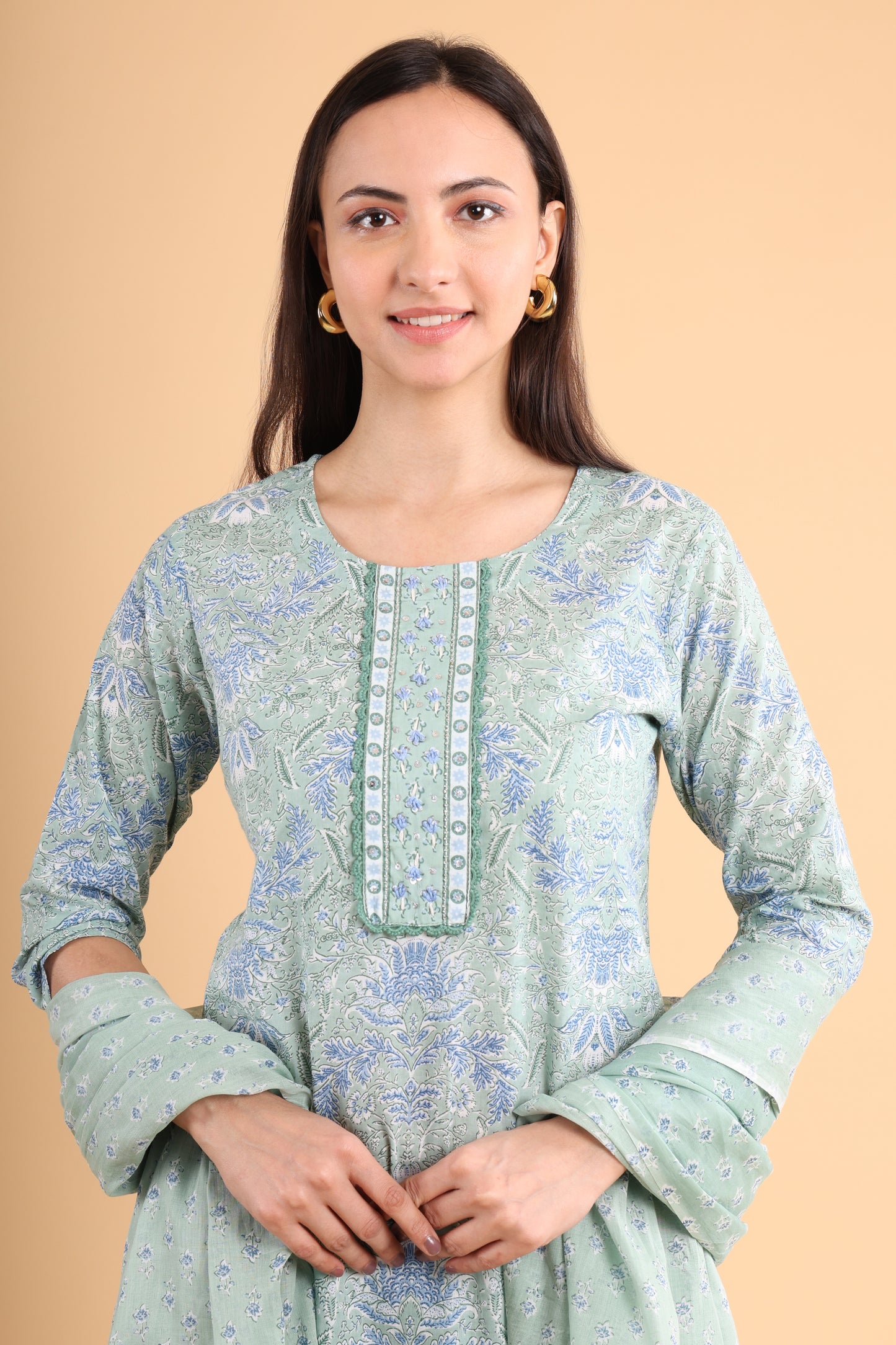 Serene Sage Floral Kurti Set with Dupatta