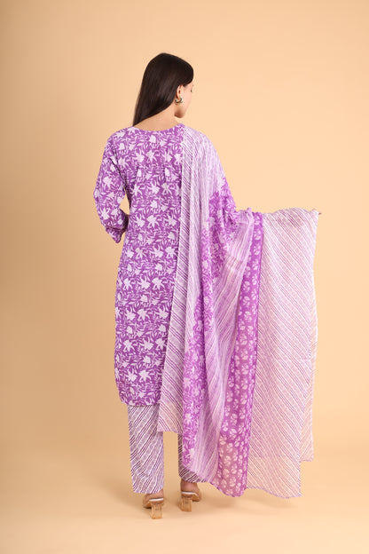 Elegant Purple Floral Printed Kurti Set with Dupatta