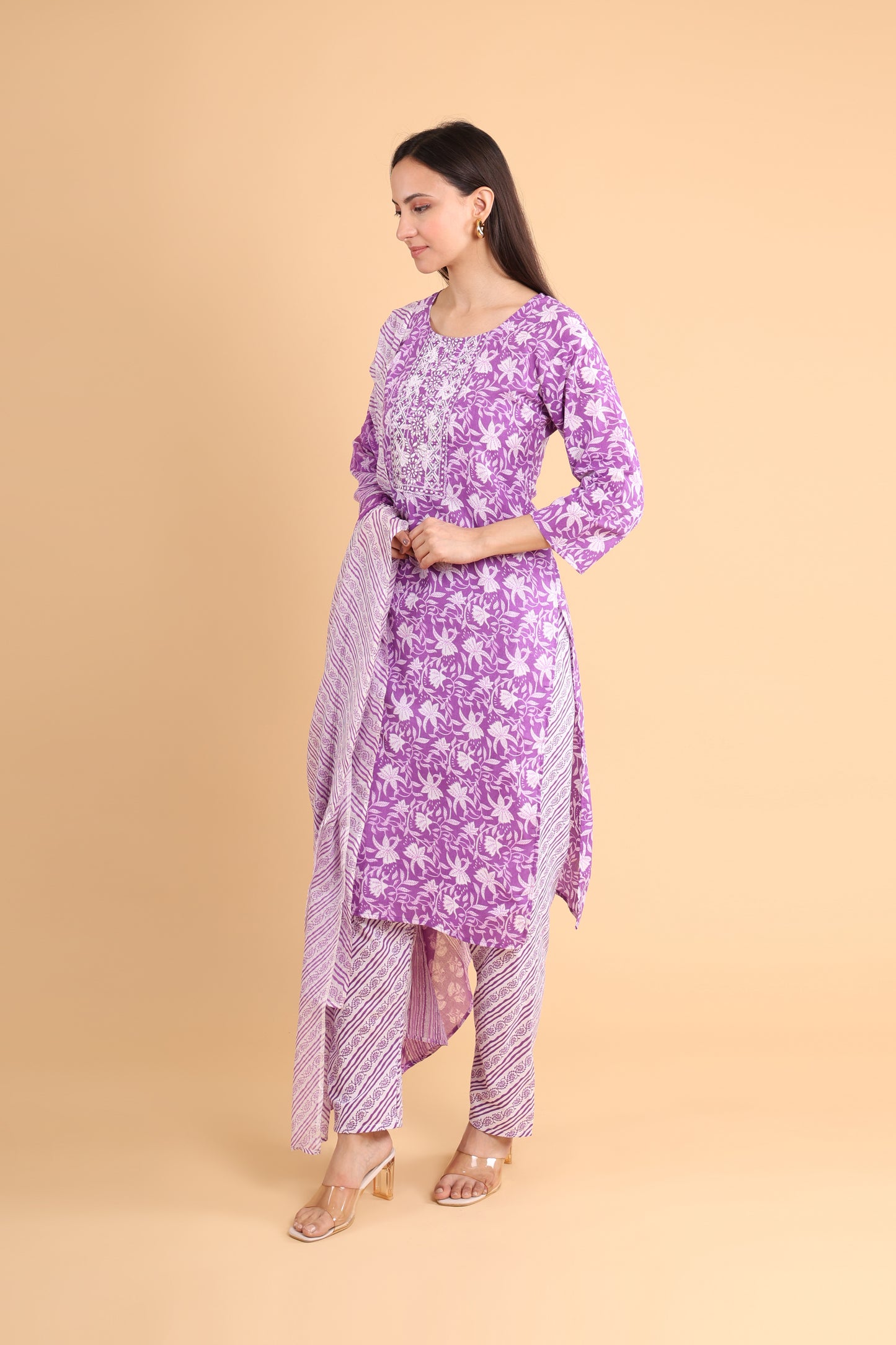 Elegant Purple Floral Printed Kurti Set with Dupatta