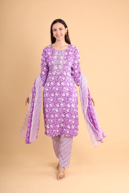 Elegant Purple Floral Printed Kurti Set with Dupatta