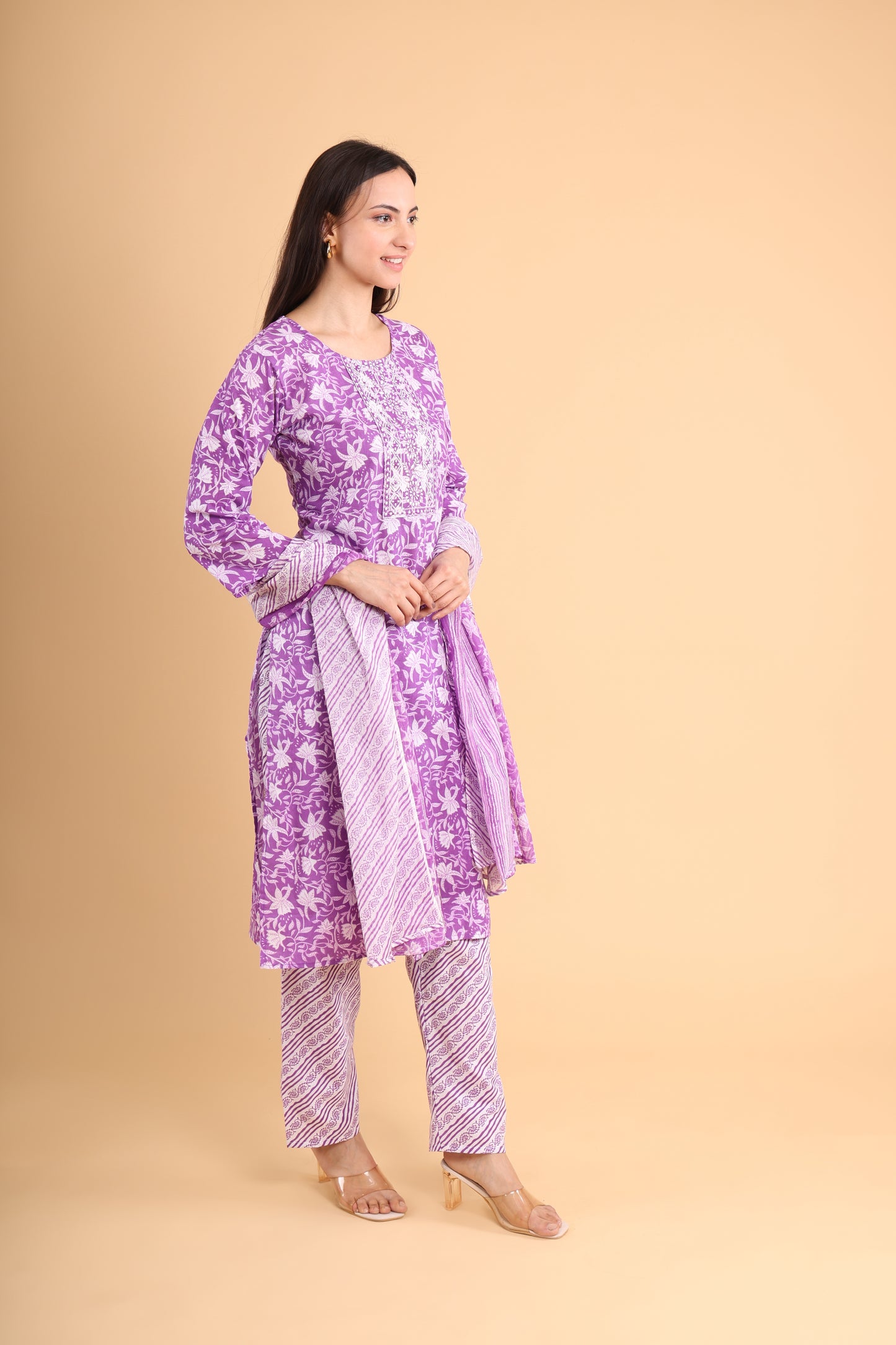 Elegant Purple Floral Printed Kurti Set with Dupatta