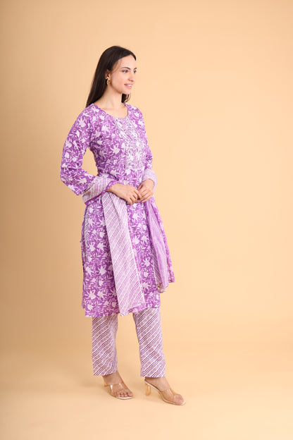 Elegant Purple Floral Printed Kurti Set with Dupatta