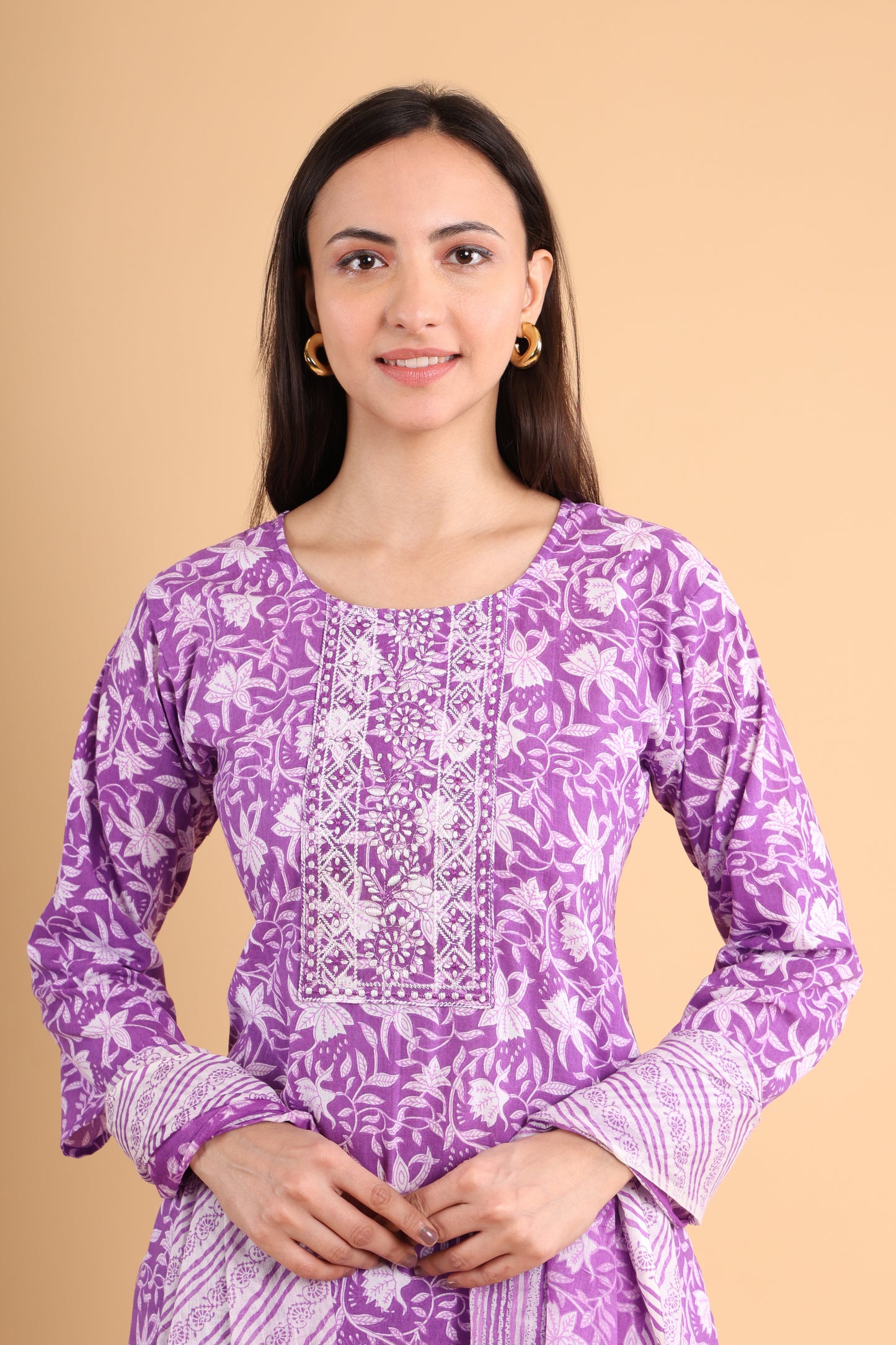 Elegant Purple Floral Printed Kurti Set with Dupatta