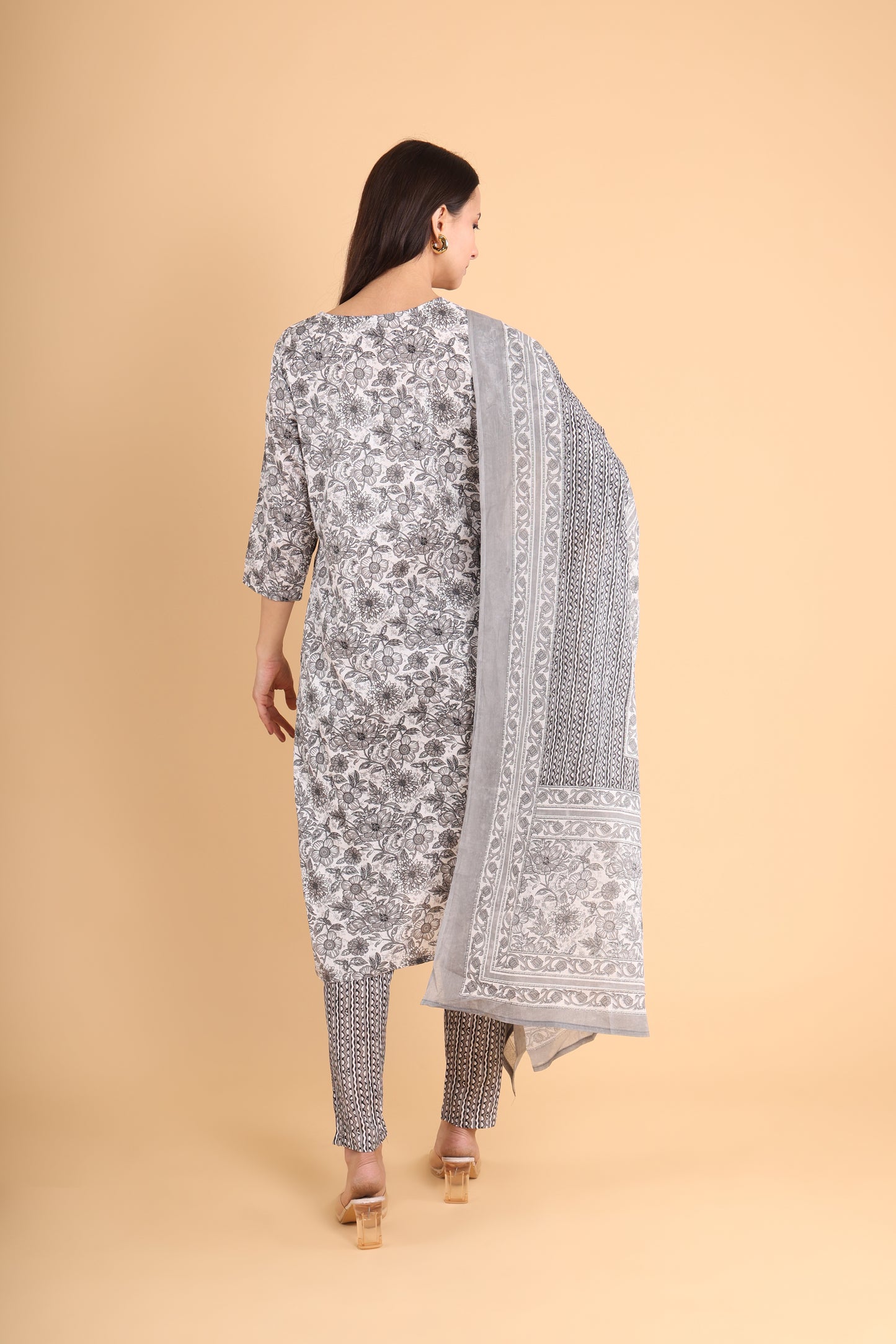 Elegant Monochrome Floral Kurti Set with Dupatta