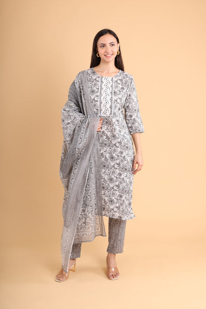 Elegant Monochrome Floral Kurti Set with Dupatta