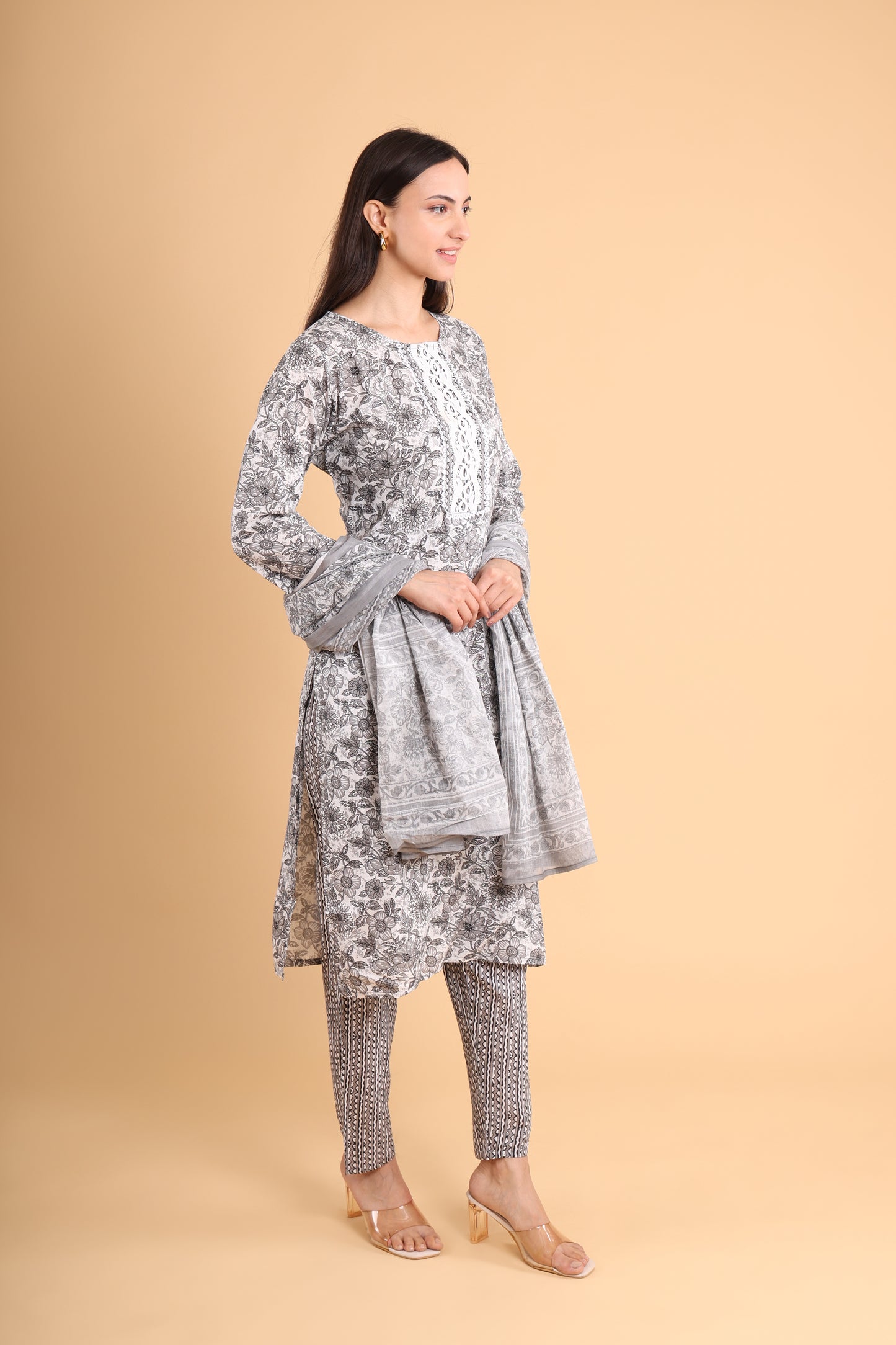 Elegant Monochrome Floral Kurti Set with Dupatta