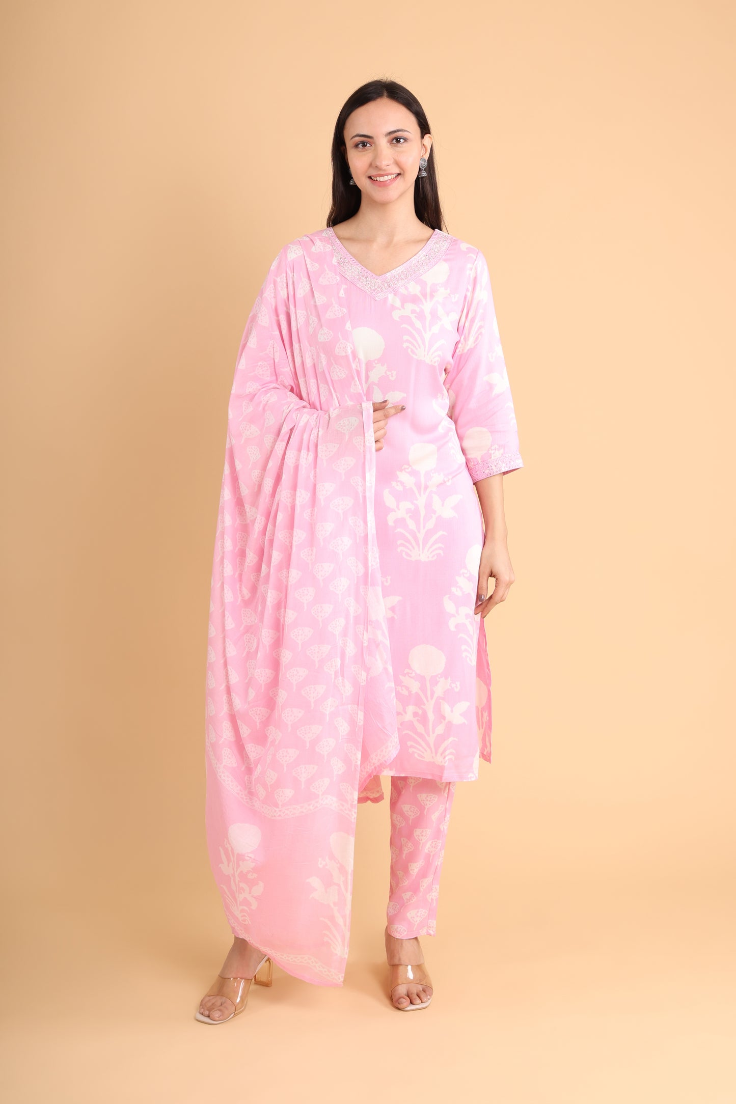 Elegant Blush Pink Printed Kurti Set with Dupatta