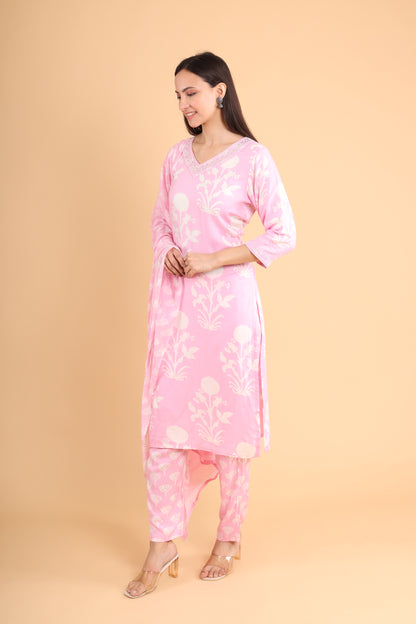 Elegant Blush Pink Printed Kurti Set with Dupatta