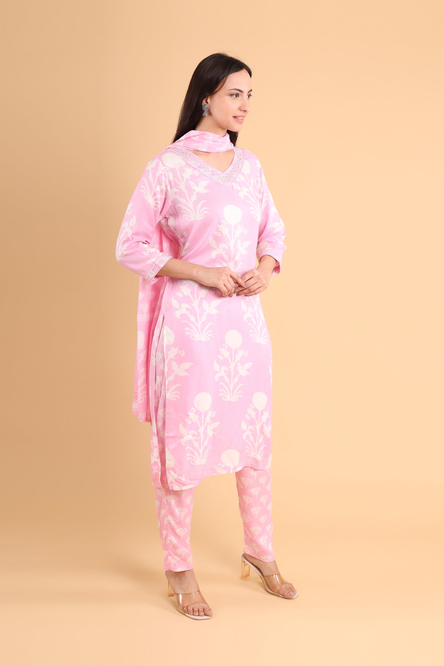 Elegant Blush Pink Printed Kurti Set with Dupatta