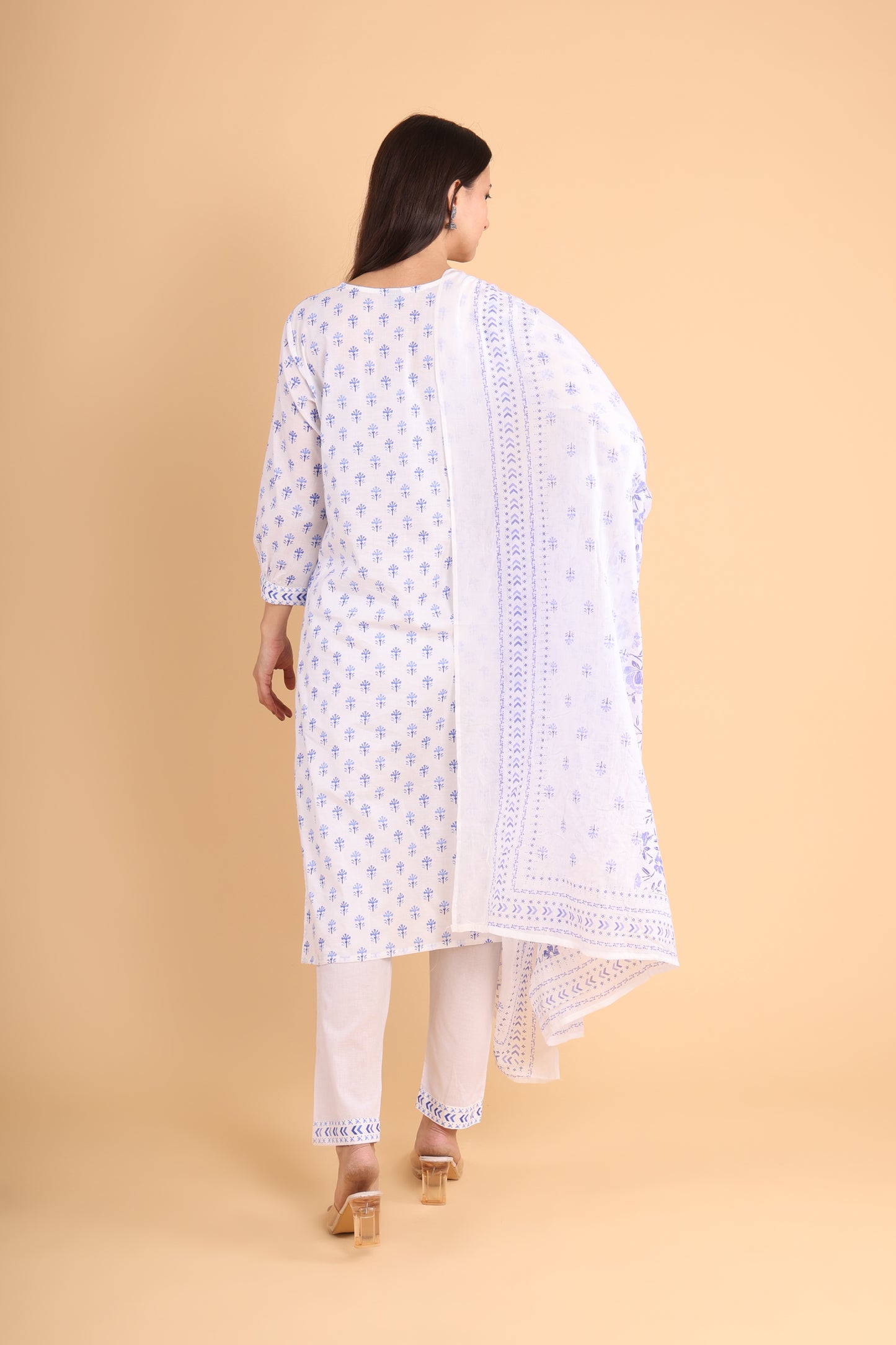 Elegant White & Blue Printed Cotton Kurti Set with Dupatta