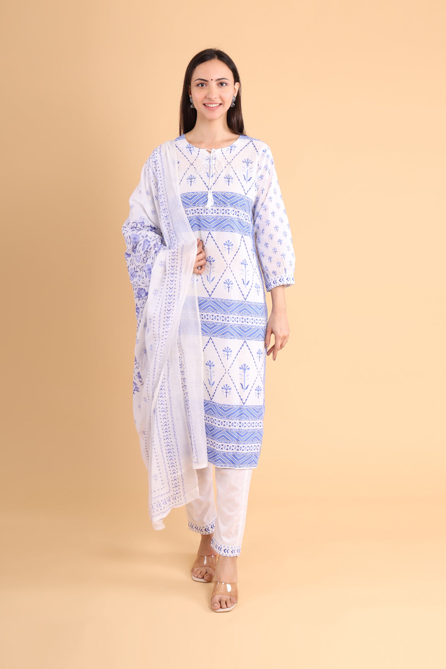 Elegant White & Blue Printed Cotton Kurti Set with Dupatta