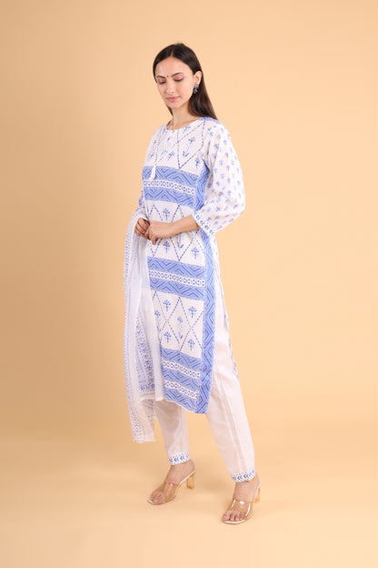 Elegant White & Blue Printed Cotton Kurti Set with Dupatta