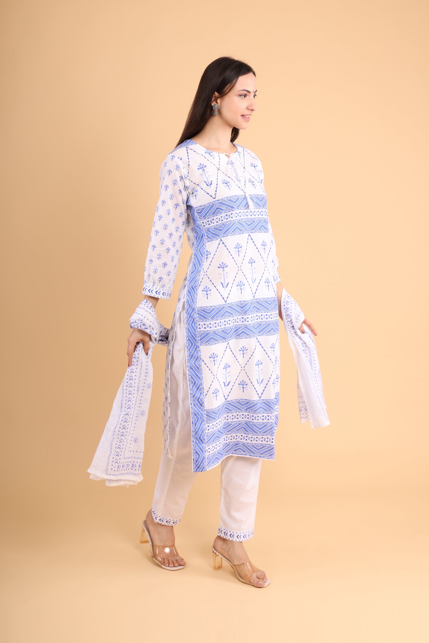 Elegant White & Blue Printed Cotton Kurti Set with Dupatta