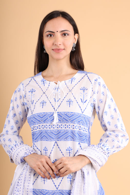 Elegant White & Blue Printed Cotton Kurti Set with Dupatta