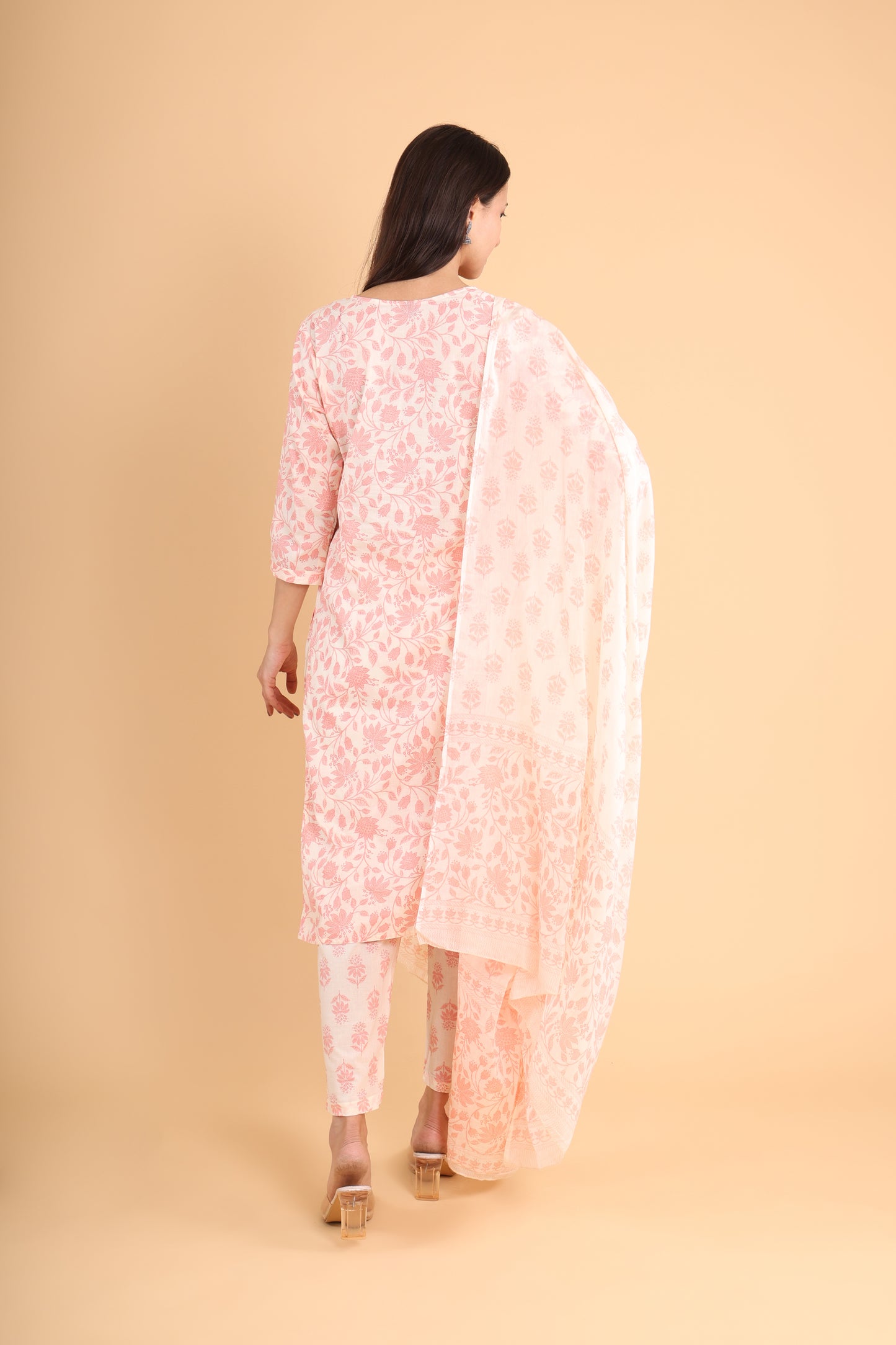 Soft Peach Floral Kurti Set with Dupatta