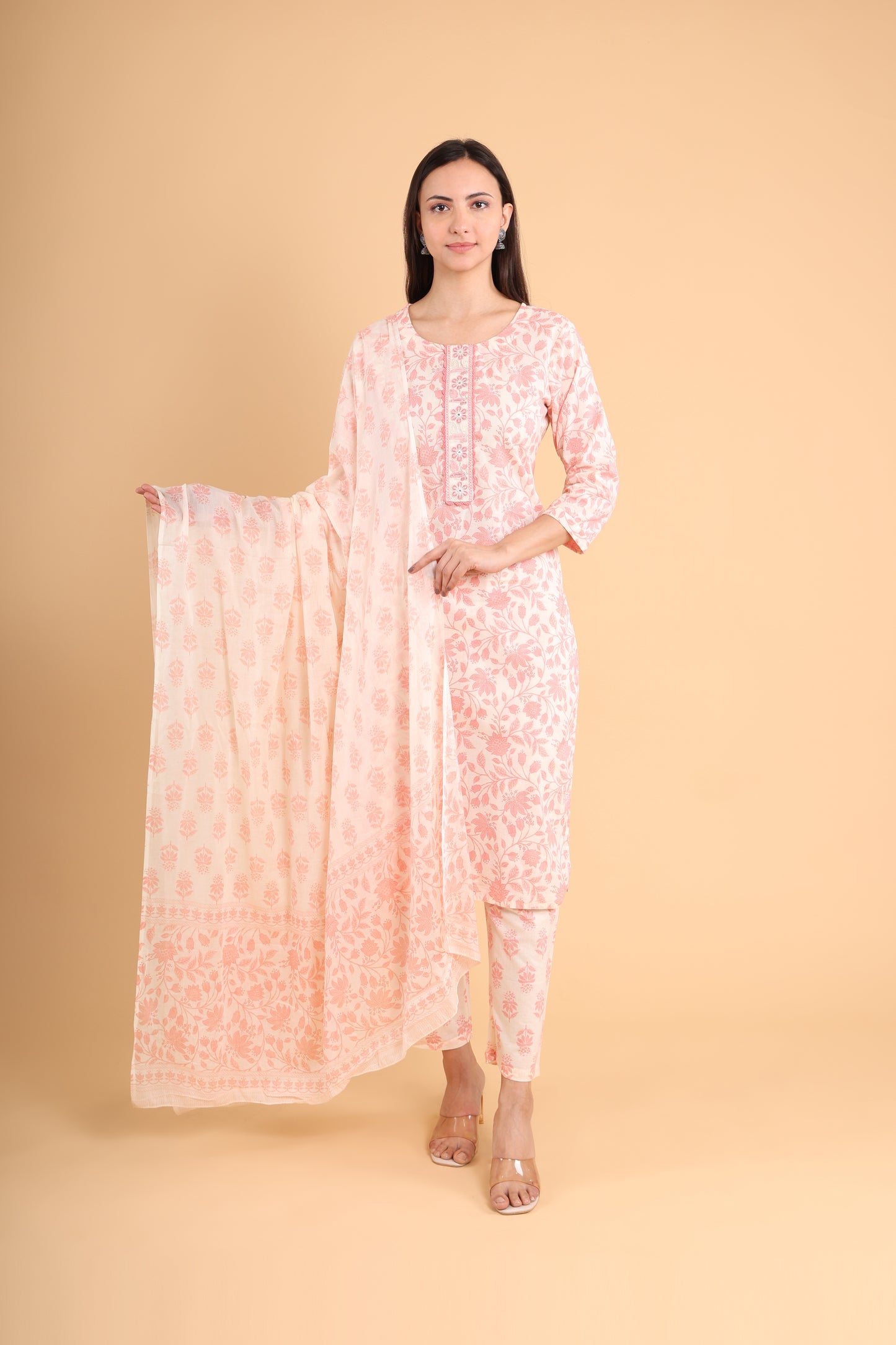 Soft Peach Floral Kurti Set with Dupatta