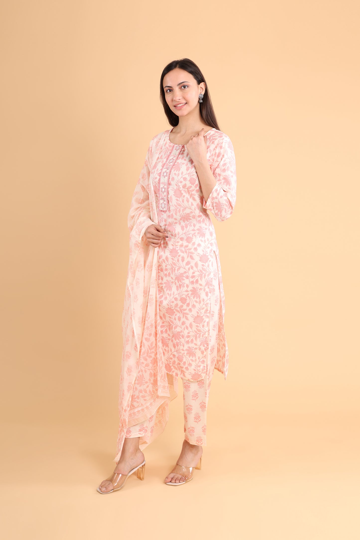 Soft Peach Floral Kurti Set with Dupatta