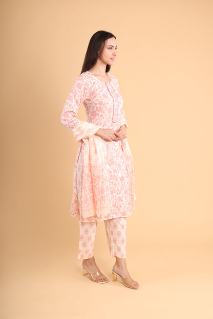 Soft Peach Floral Kurti Set with Dupatta