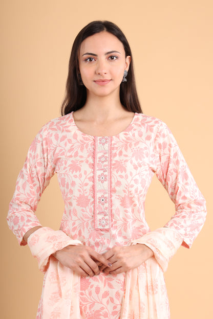 Soft Peach Floral Kurti Set with Dupatta