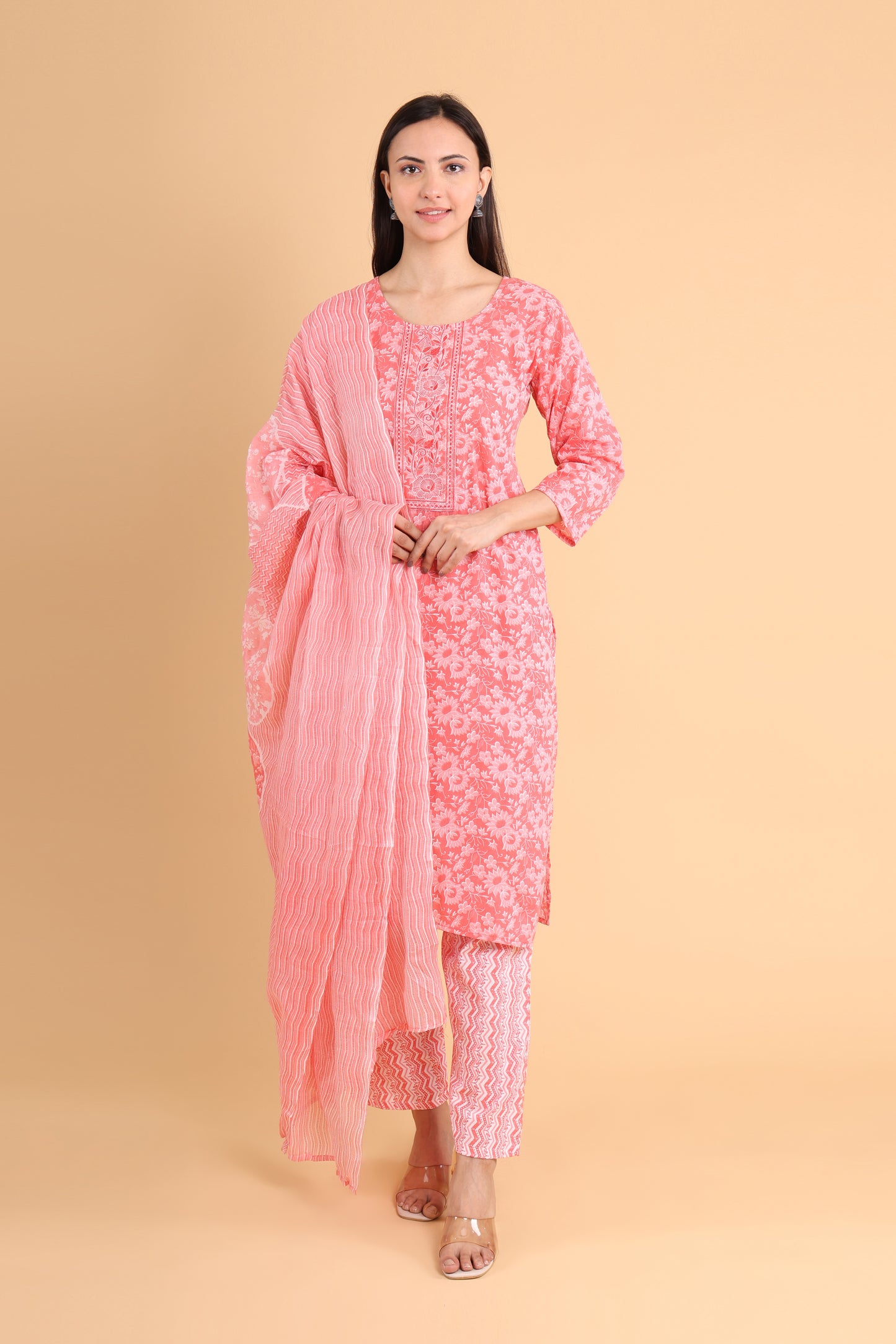 Graceful Pink Floral Kurti Set with Dupatta