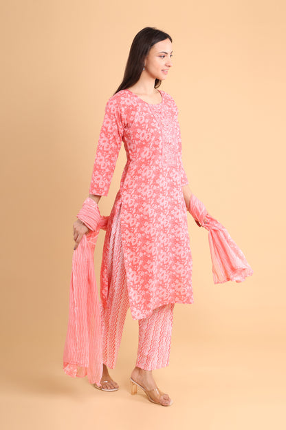 Graceful Pink Floral Kurti Set with Dupatta