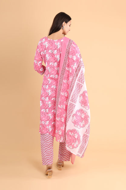 Elegant Pink Floral Kurti Set with Dupatta