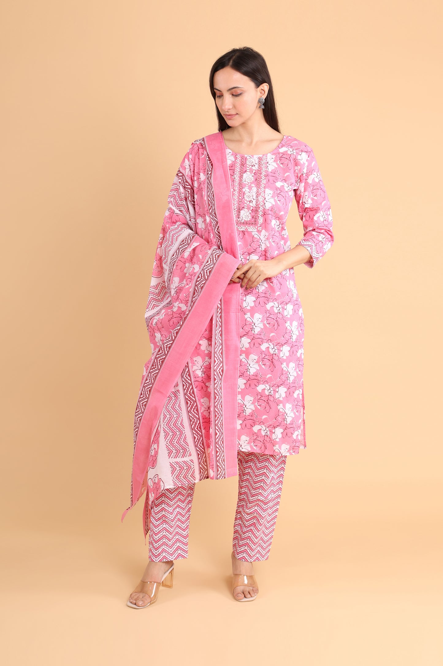 Elegant Pink Floral Kurti Set with Dupatta