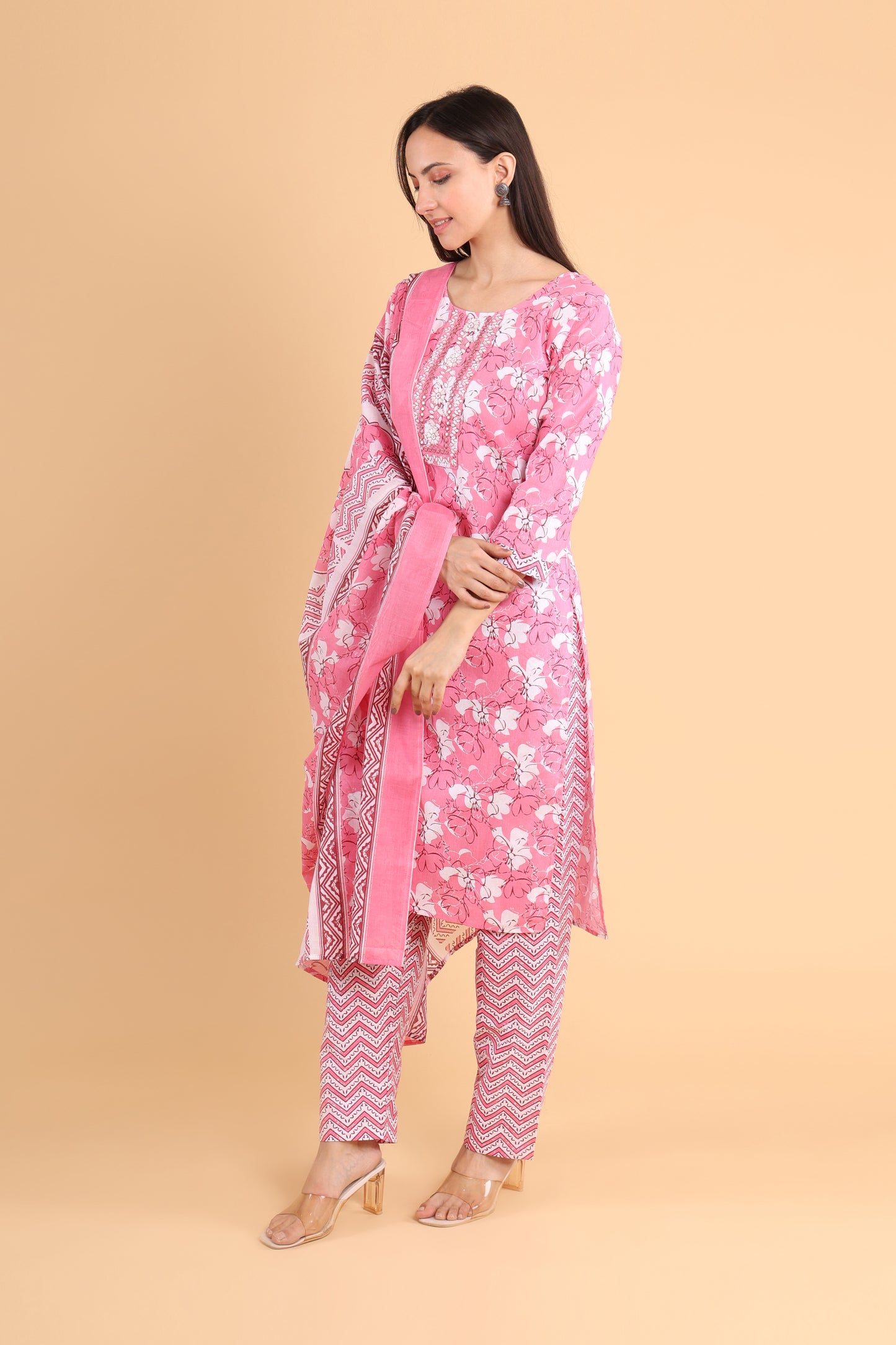 Elegant Pink Floral Kurti Set with Dupatta