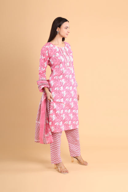 Elegant Pink Floral Kurti Set with Dupatta