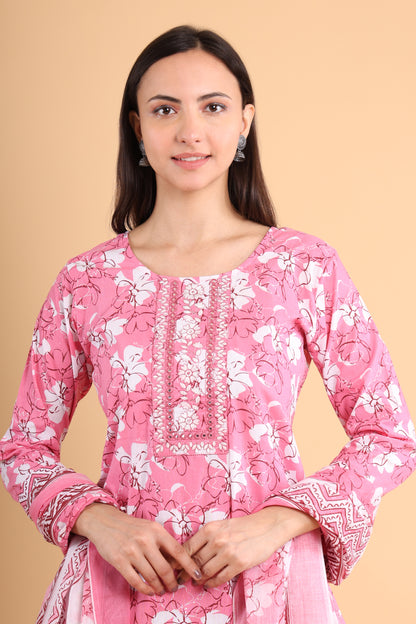 Elegant Pink Floral Kurti Set with Dupatta