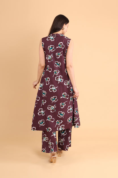 Sleeveless Maroon Floral Co-Ord Set