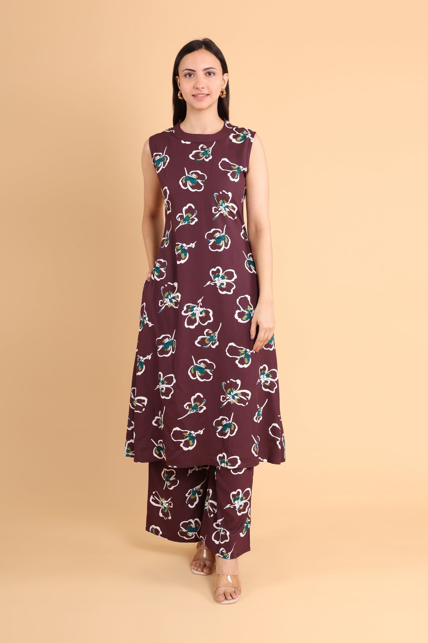 Sleeveless Maroon Floral Co-Ord Set