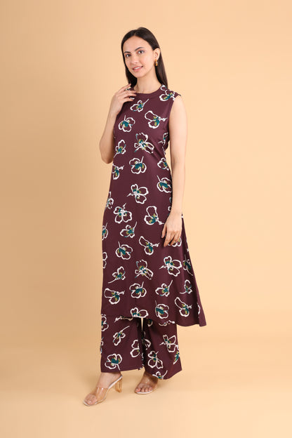 Sleeveless Maroon Floral Co-Ord Set