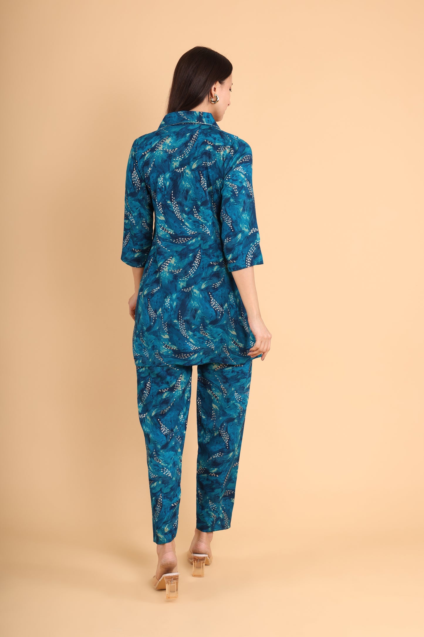 Stylish Teal Printed Co-ord Set with Collared Kurti