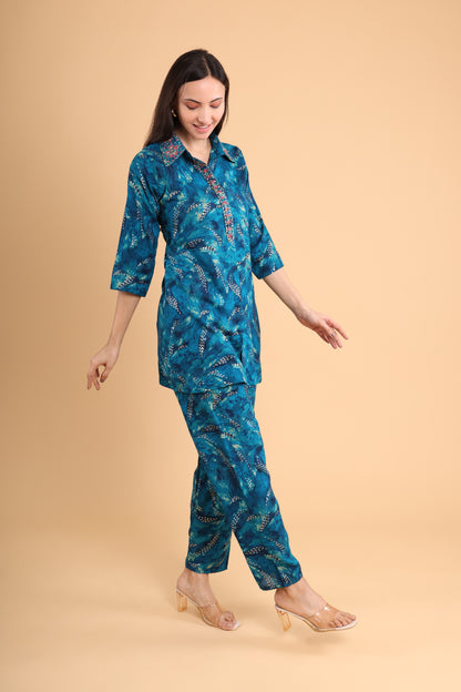 Stylish Teal Printed Co-ord Set with Collared Kurti