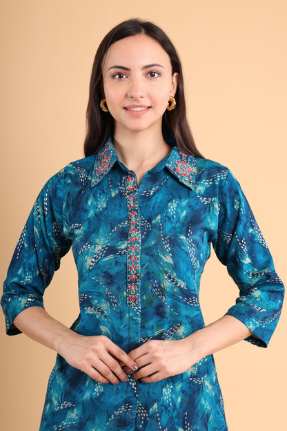 Stylish Teal Printed Co-ord Set with Collared Kurti