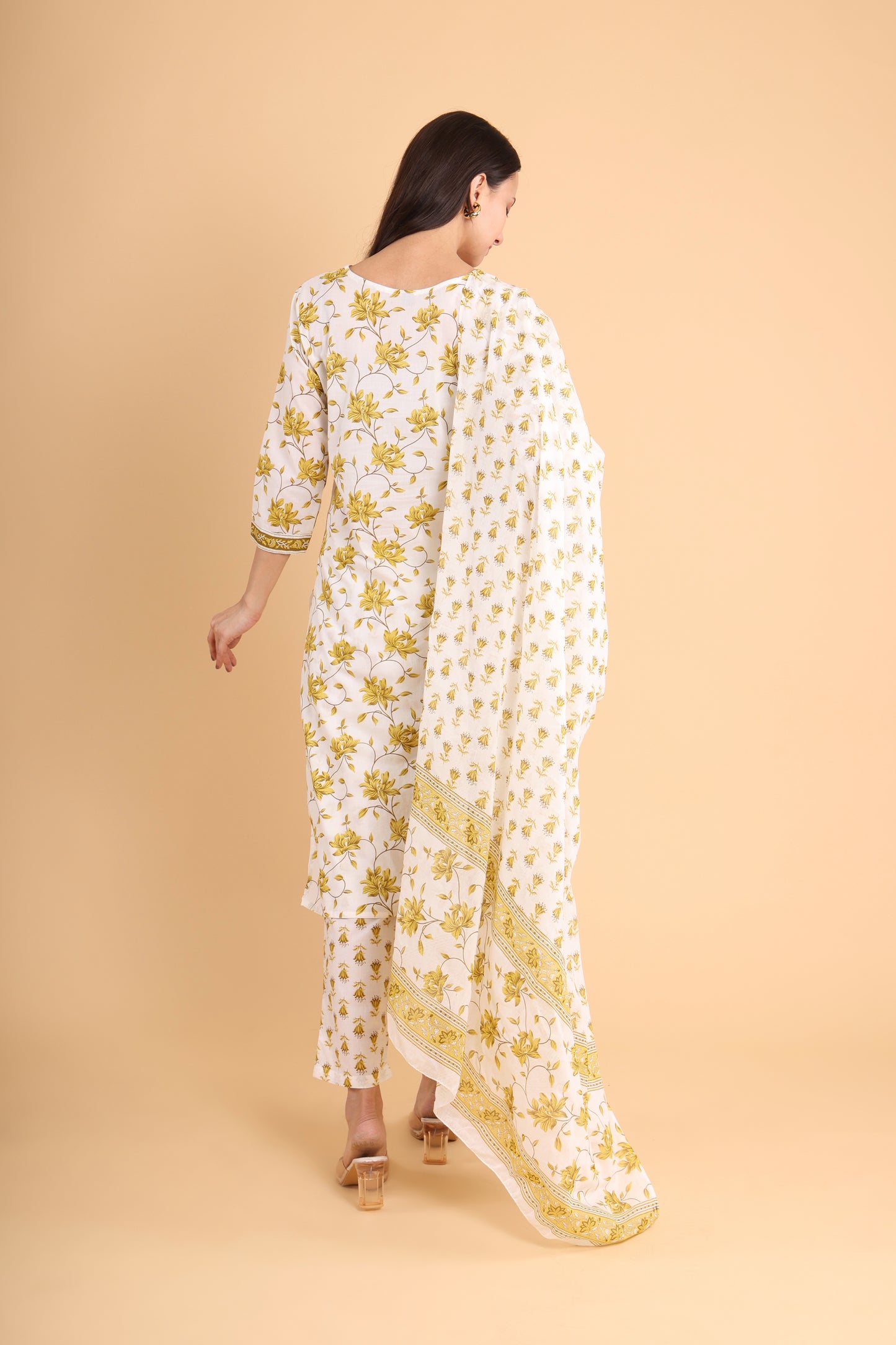 Elegant Floral Print Cotton Suit Set – White & Mustard with Dupatta