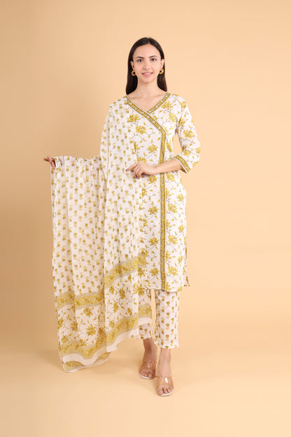 Elegant Floral Print Cotton Suit Set – White & Mustard with Dupatta